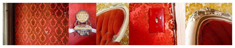 Close-up photos of wallpaper and furniture from hotel in downtown Los Angelos